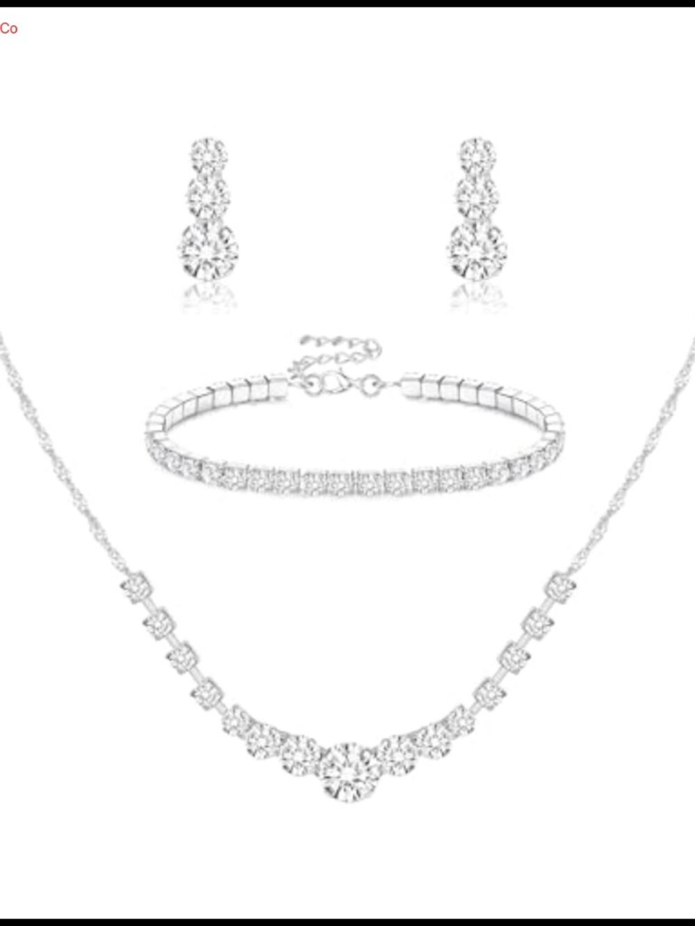 Silver Plated Crystal Wedding Jewelry Set Necklace Earrings Bracelet